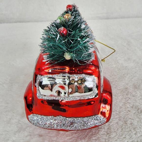 Blown Glass Ornament Red Car with Bottlebrush Christmas Tree On Top EUC - Picture 2 of 5